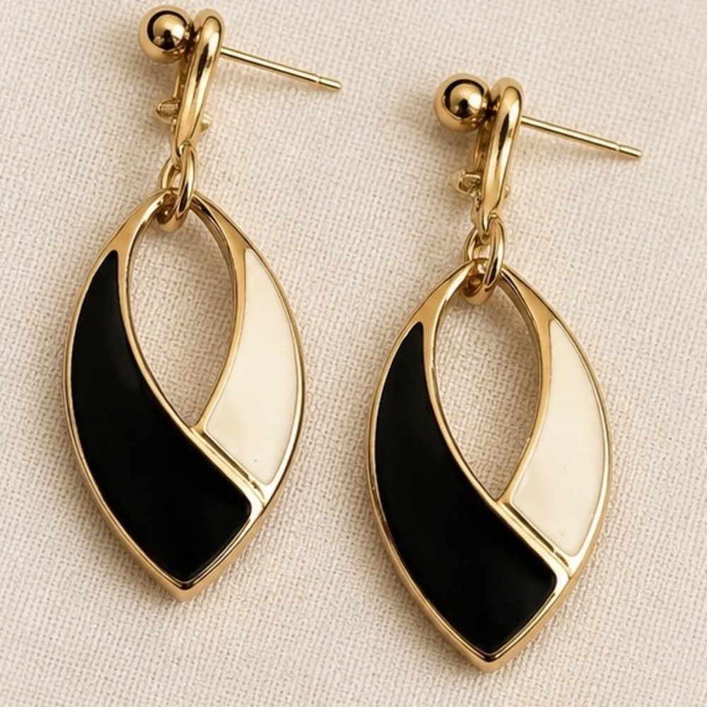 Gold Tone Black Cream Enamel Geometric Teardrop Drop Earrings Modernist Dangles